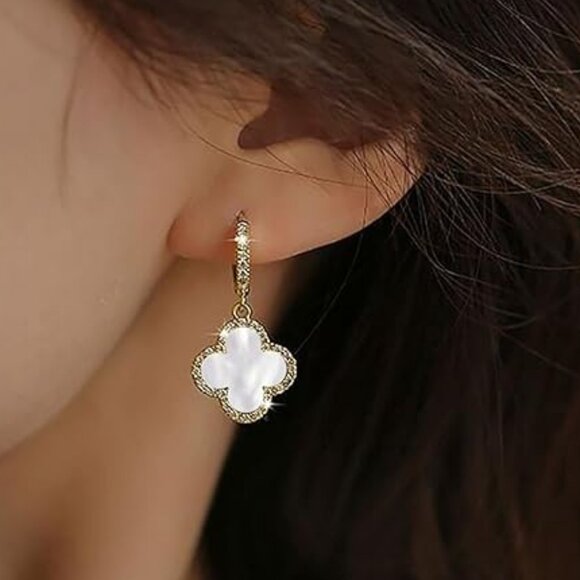 Neiman Marcus Mother of Pearl Clover Dangle Hoop Earring - Picture 1 of 3